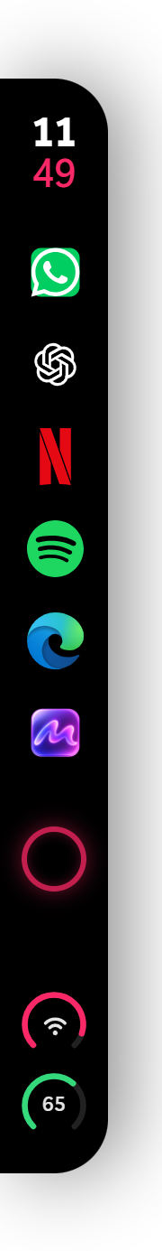 Original Mira Meta Taskbar am linken Desktop-Rand mit App-Symbolen, Uhr und Status